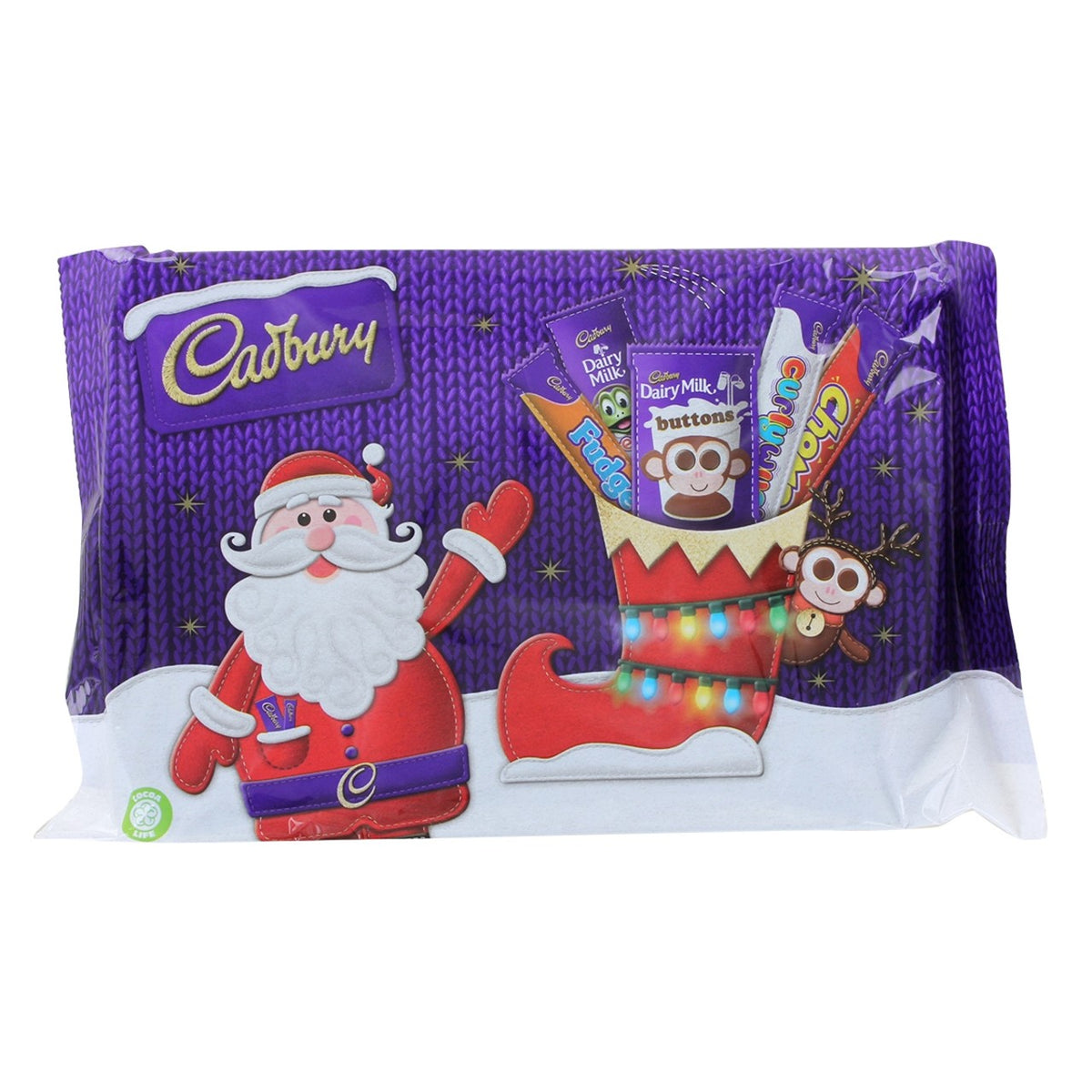Cadbury chocolate stocking with Santa Claus design on a white background