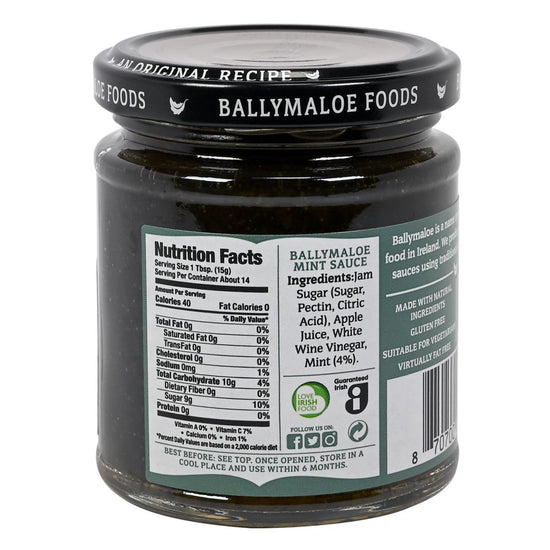 Ballymaloe Foods mint sauce jar with label showing nutrition facts and ingredients.