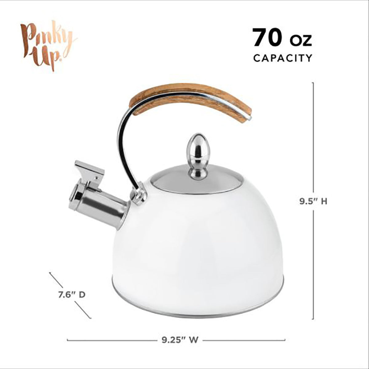 White tea kettle with wooden handle and measurements on a white background