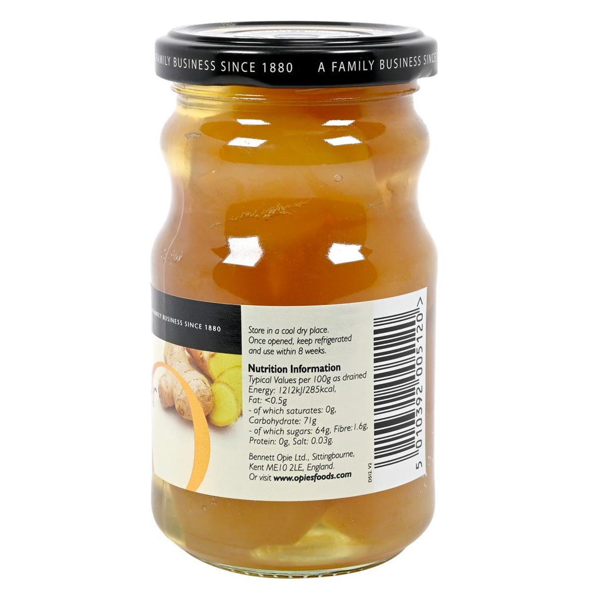 Jar of Opies Stem Ginger in Syrup on a white background with nutrition information on the label.