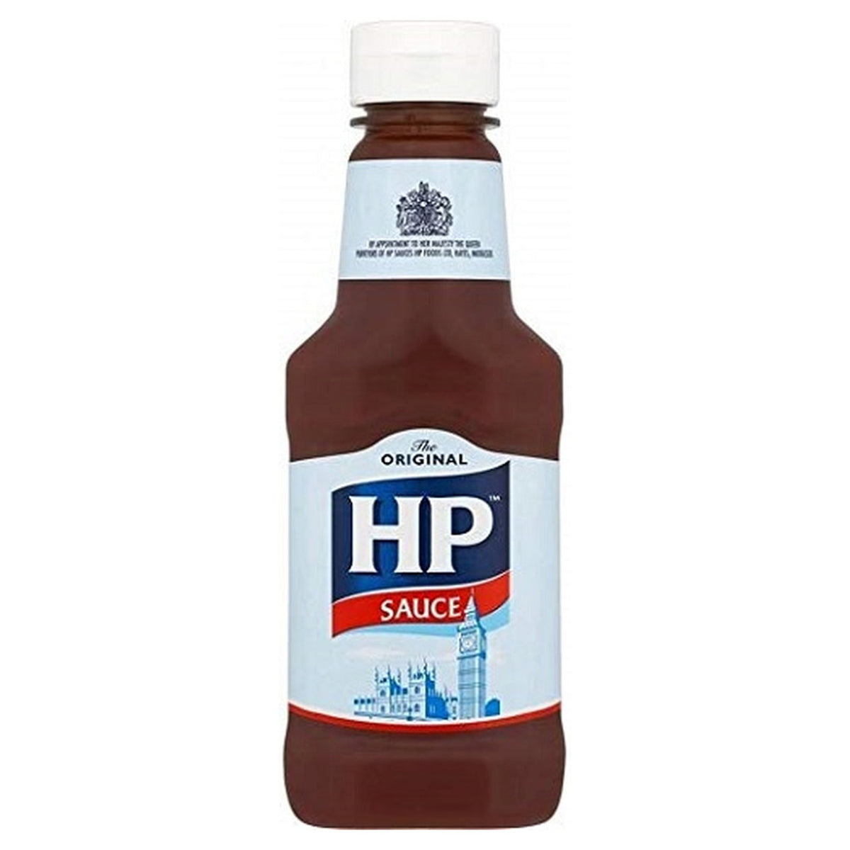 Bottle of HP sauce on a white background