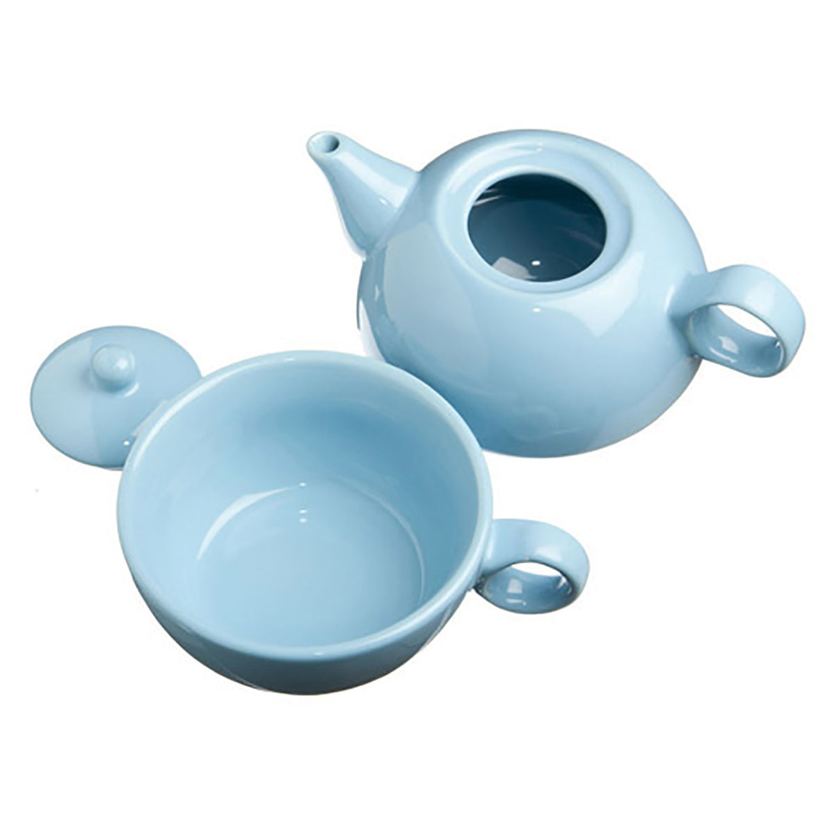 Light blue ceramic teapot and cup set on a white background