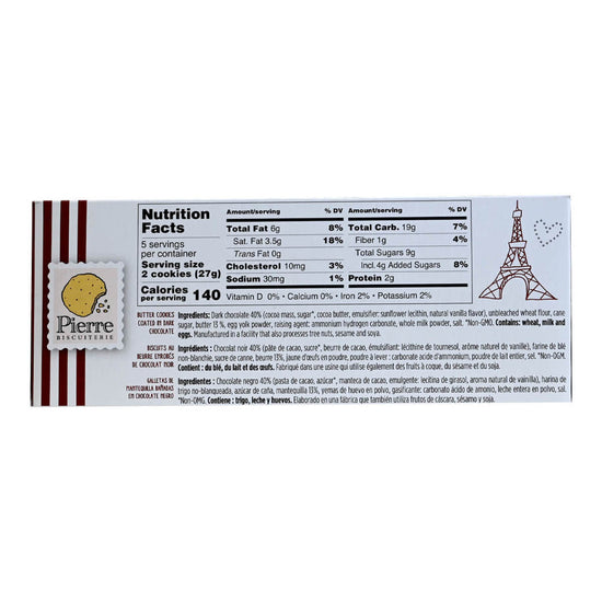 Pierre Biscuiterie Dark Chocolate French Butter Cookies package featuring nutrition facts and ingredients.