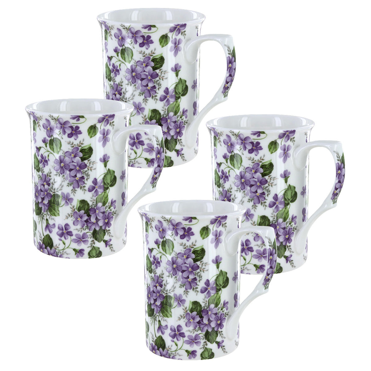 Set of four mugs with purple floral pattern on a white background