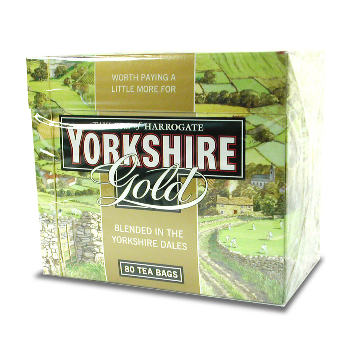 A box of Taylors of Harrogate Yorkshire Gold featuring a scenic view of the countryside and branding on a white background
