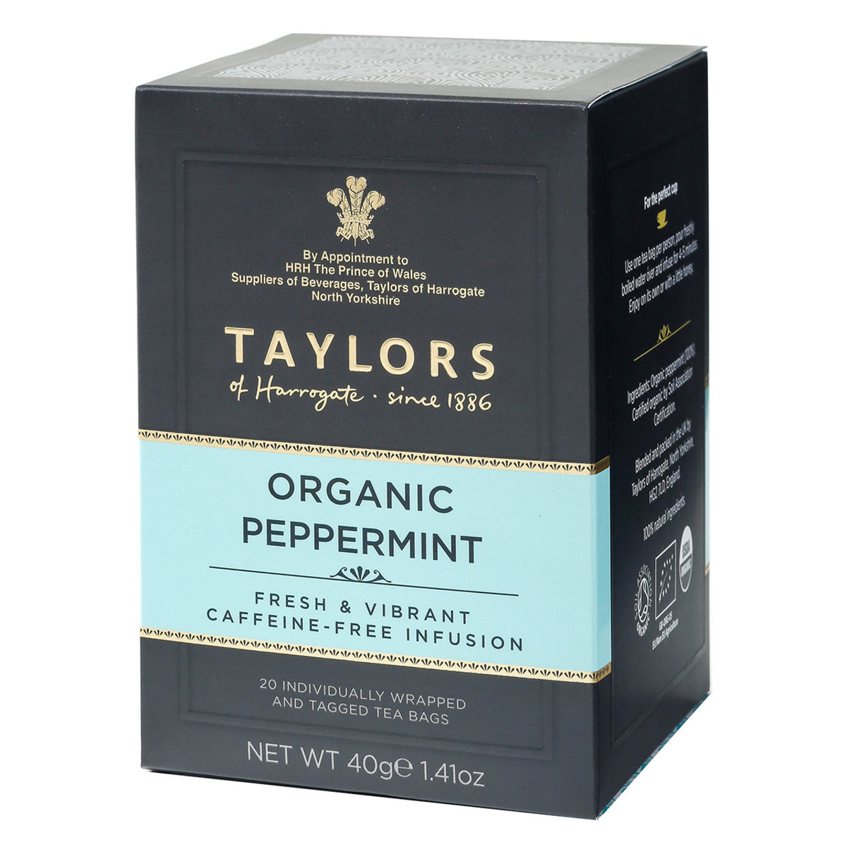 Box of Taylors Organic Peppermint tea on a white background