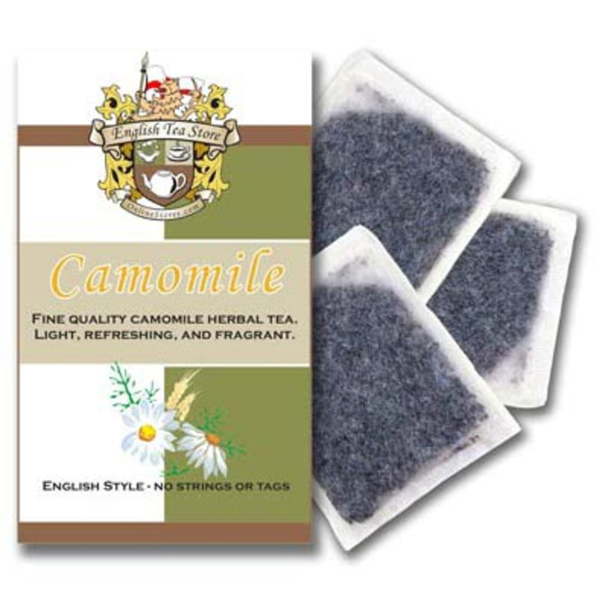 A pouch of English Tea Store Camomile tea bags, made from camomile blossoms and packaged in a brown craft paper bag with a gold and white brand logo.