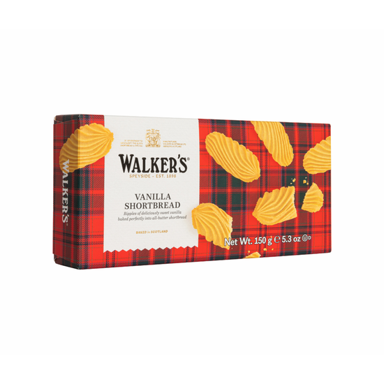 Box of Walker's Vanilla Shortbread cookies with a red plaid pattern on a white background
