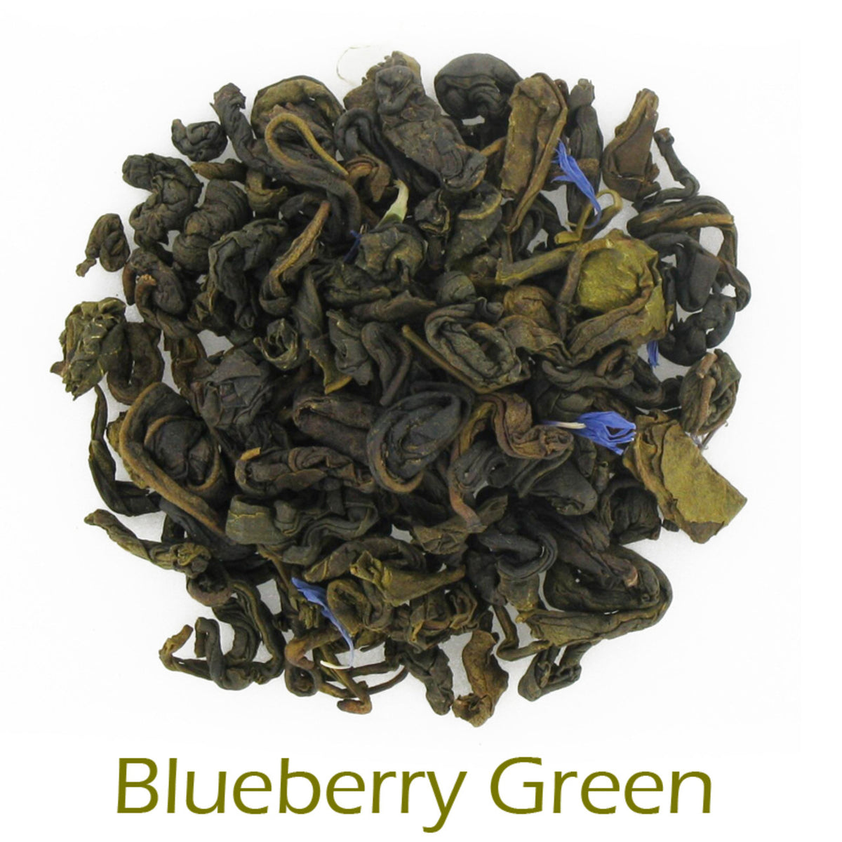 Blueberry Green loose-leaf tea on a white background with product name caption