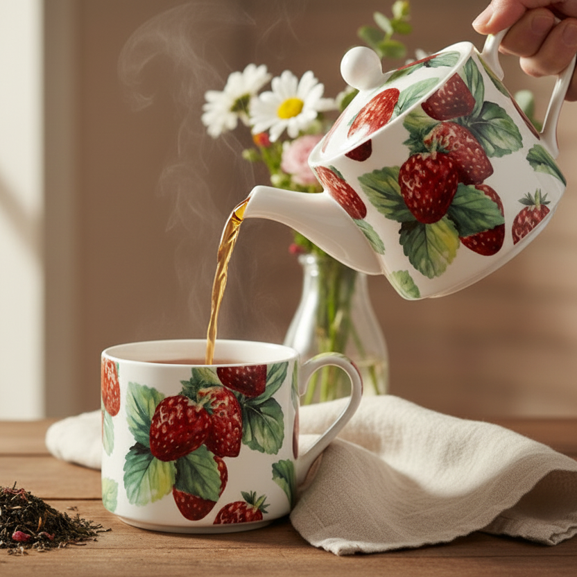 Teapot featuring strawberries pouring tea into matching mug.