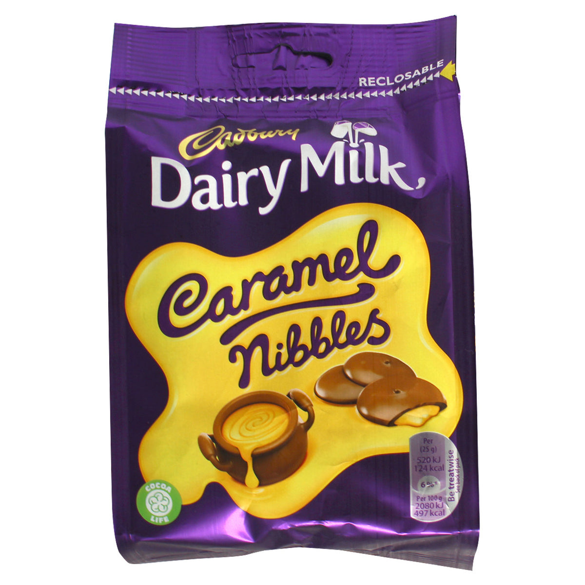 Cadbury Dairy Milk Caramel Nibbles packaging on a white background