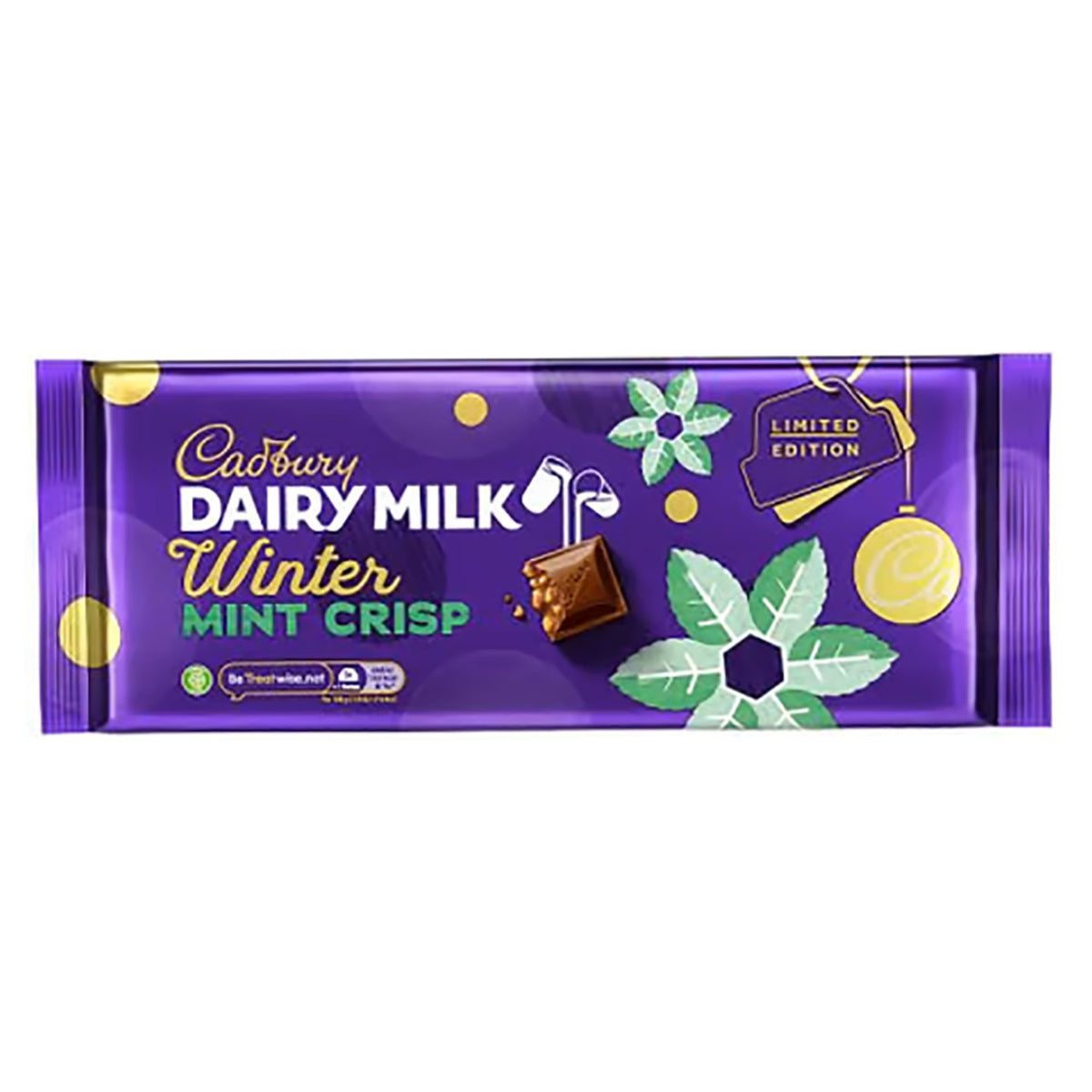 Cadbury Dairy Milk Winter Mint Crisp chocolate bar packaging on a white background
