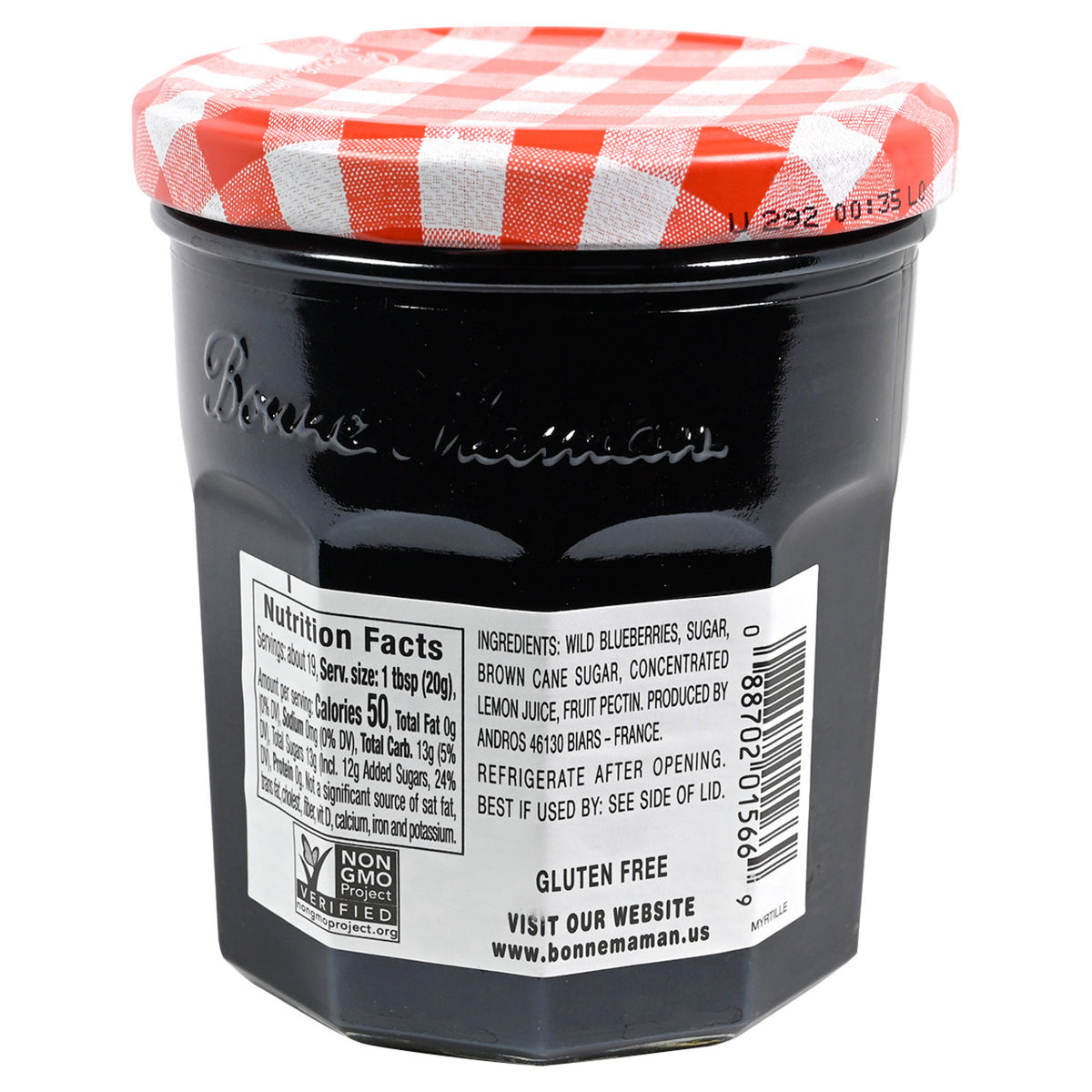 Back of a jar of Bonne Maman Blueberry preserves on a white background featuring a red and white checkered lid and a label with nutrition facts and ingredients.