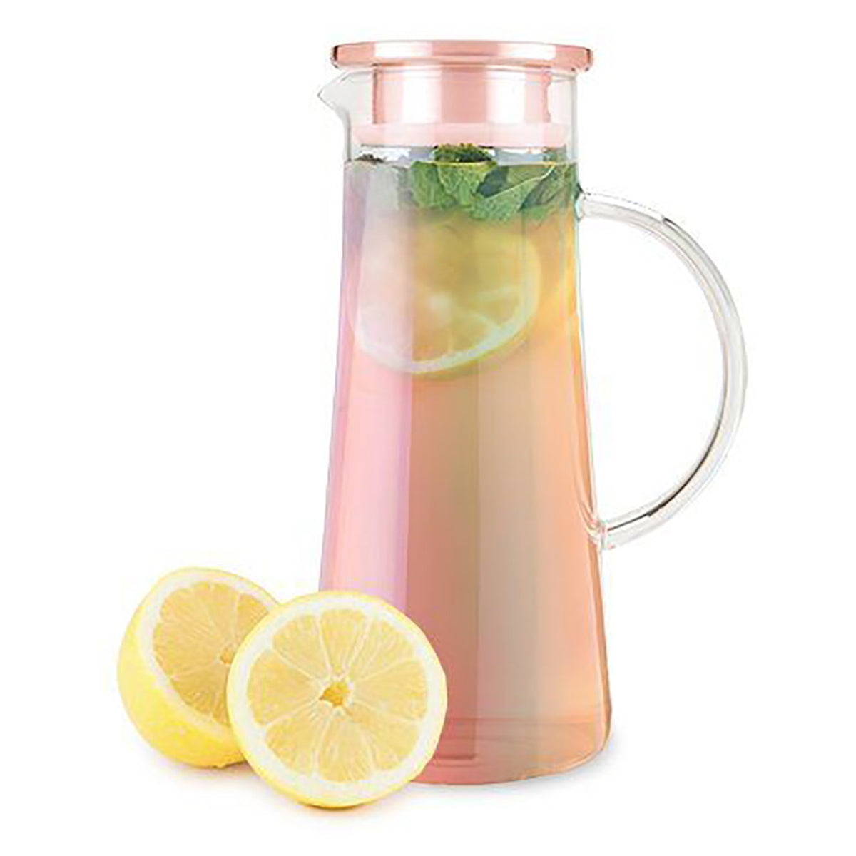 Glass pitcher with rose gold accents filled with lemonade and lemons on a white background