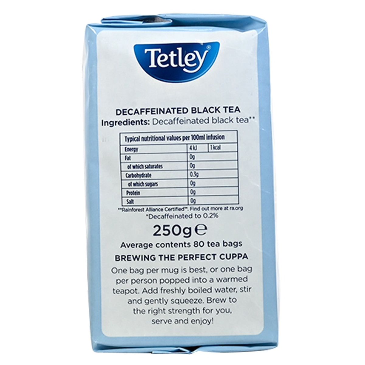Tetley decaffeinated black tea package with nutritional information on a white background