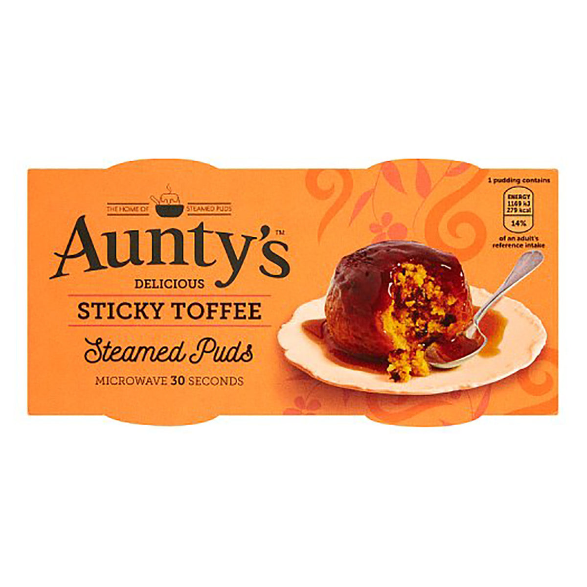 Packaging of Aunty's Sticky Toffee Steamed Puds with an orange background
