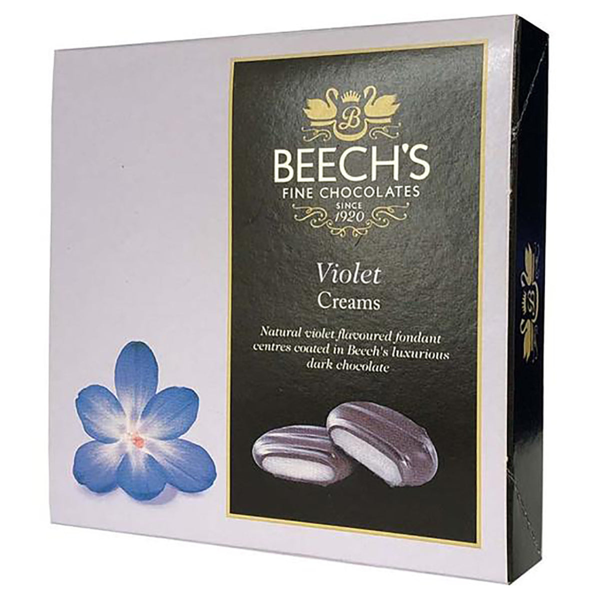 Box of Beech's Fine Chocolates Violet Creams with a blue flower on a white background