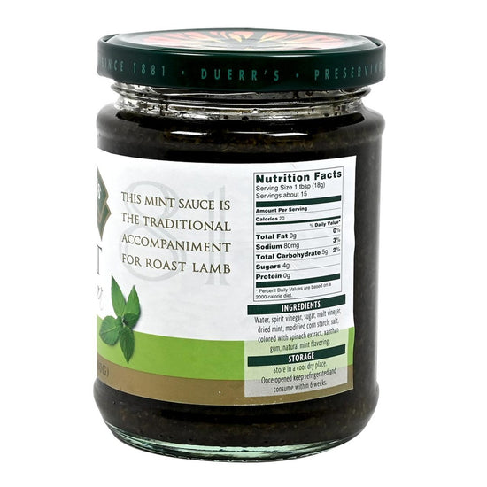 Jar of mint sauce with label on a white background