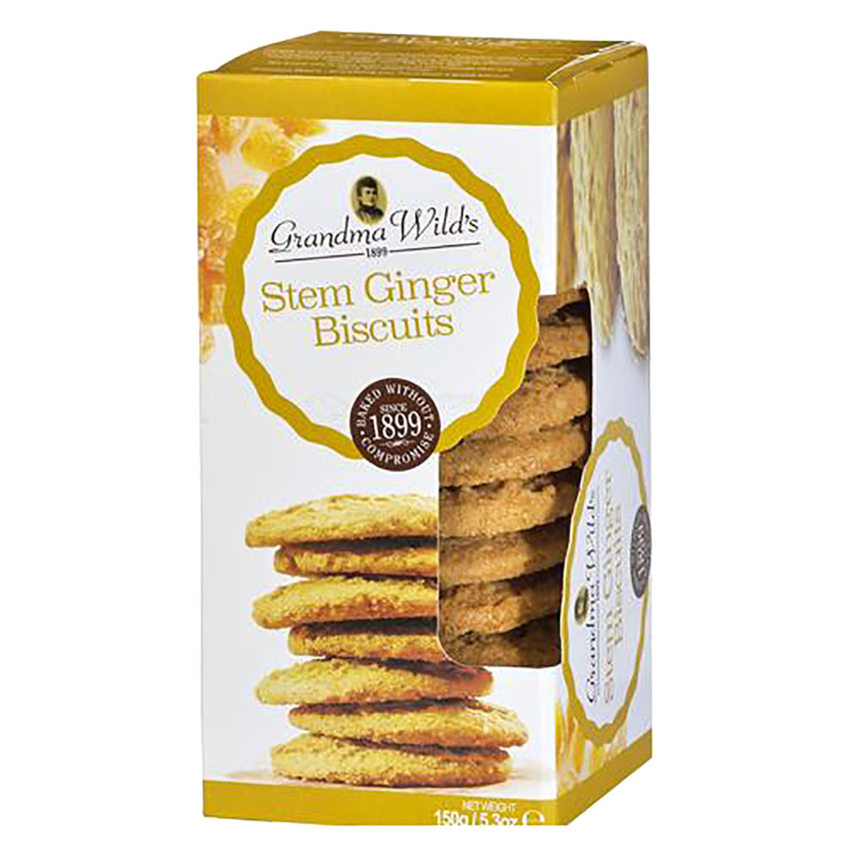 Box of Grandma Wild's Stem Ginger Biscuits on a white background