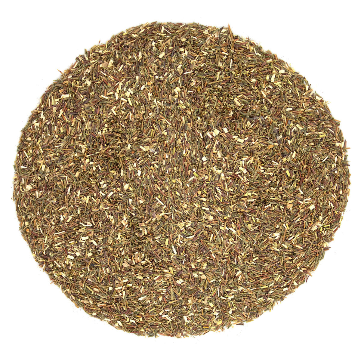 Round sample of dried beige and brown tea leaves on a white background
