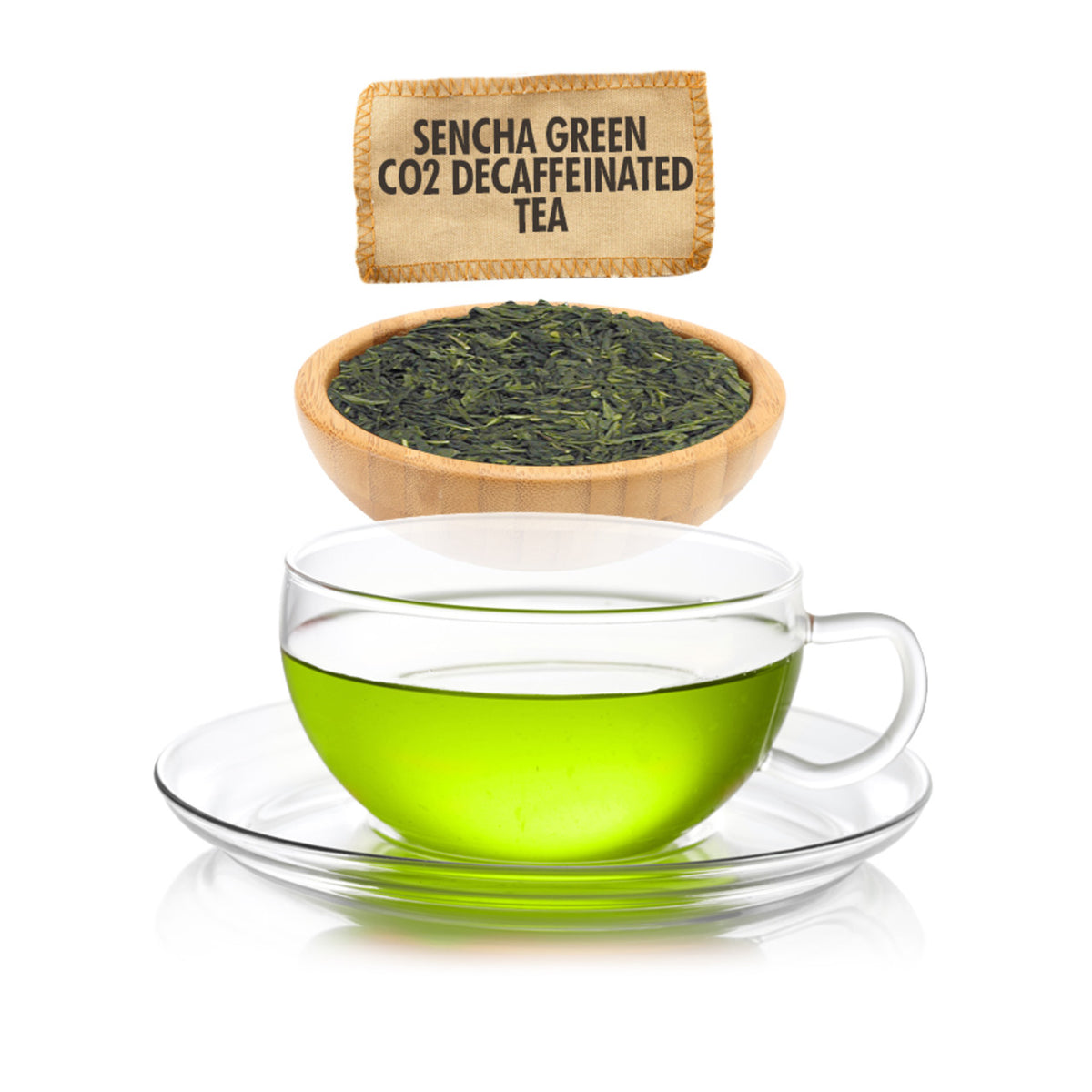 Sencha green CO2 decaffeinated tea package, bowl of tea leaves, and glass cup with tea on a white background