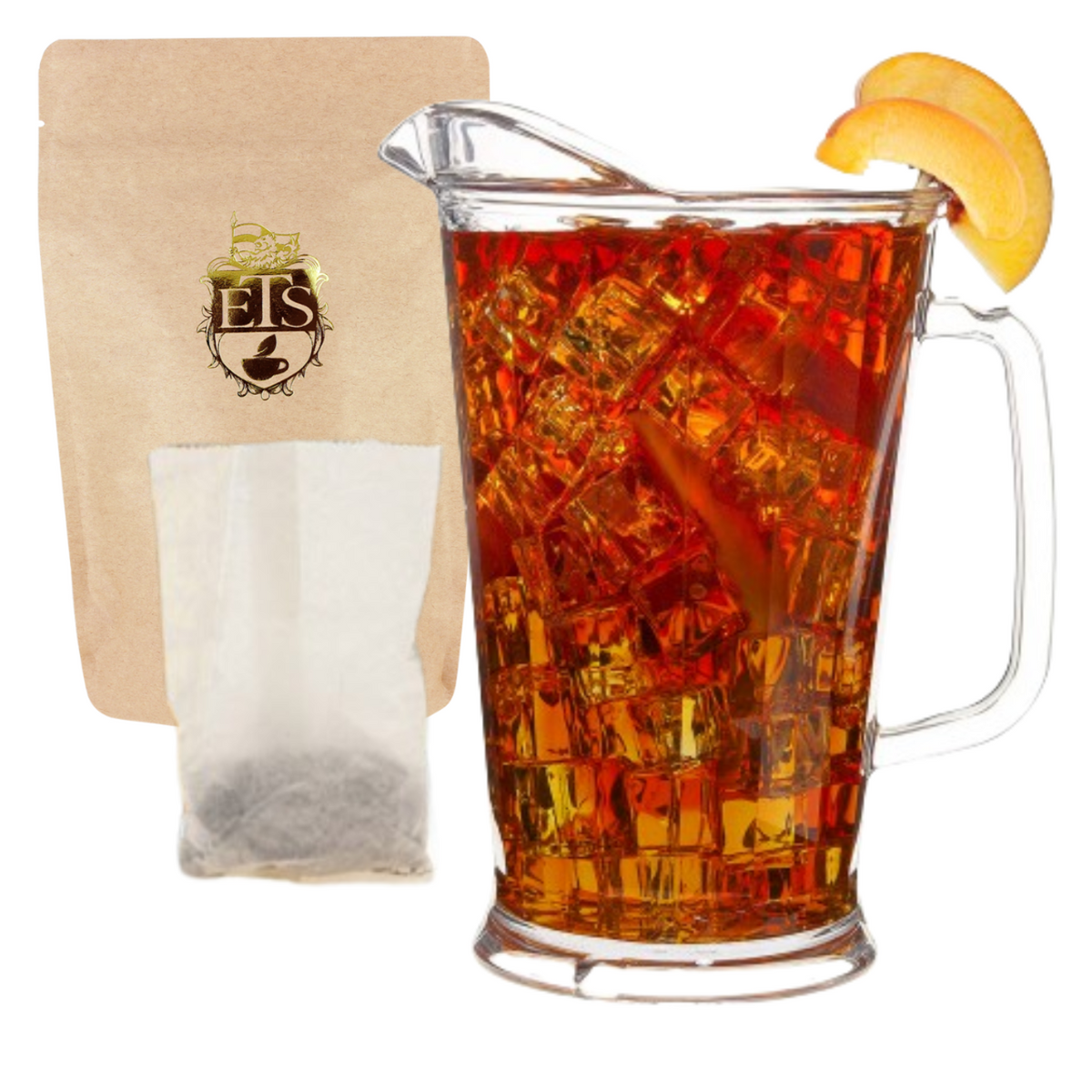 Glass pitcher of iced tea with lemon wedge next to a tea bag and packaging on a white background