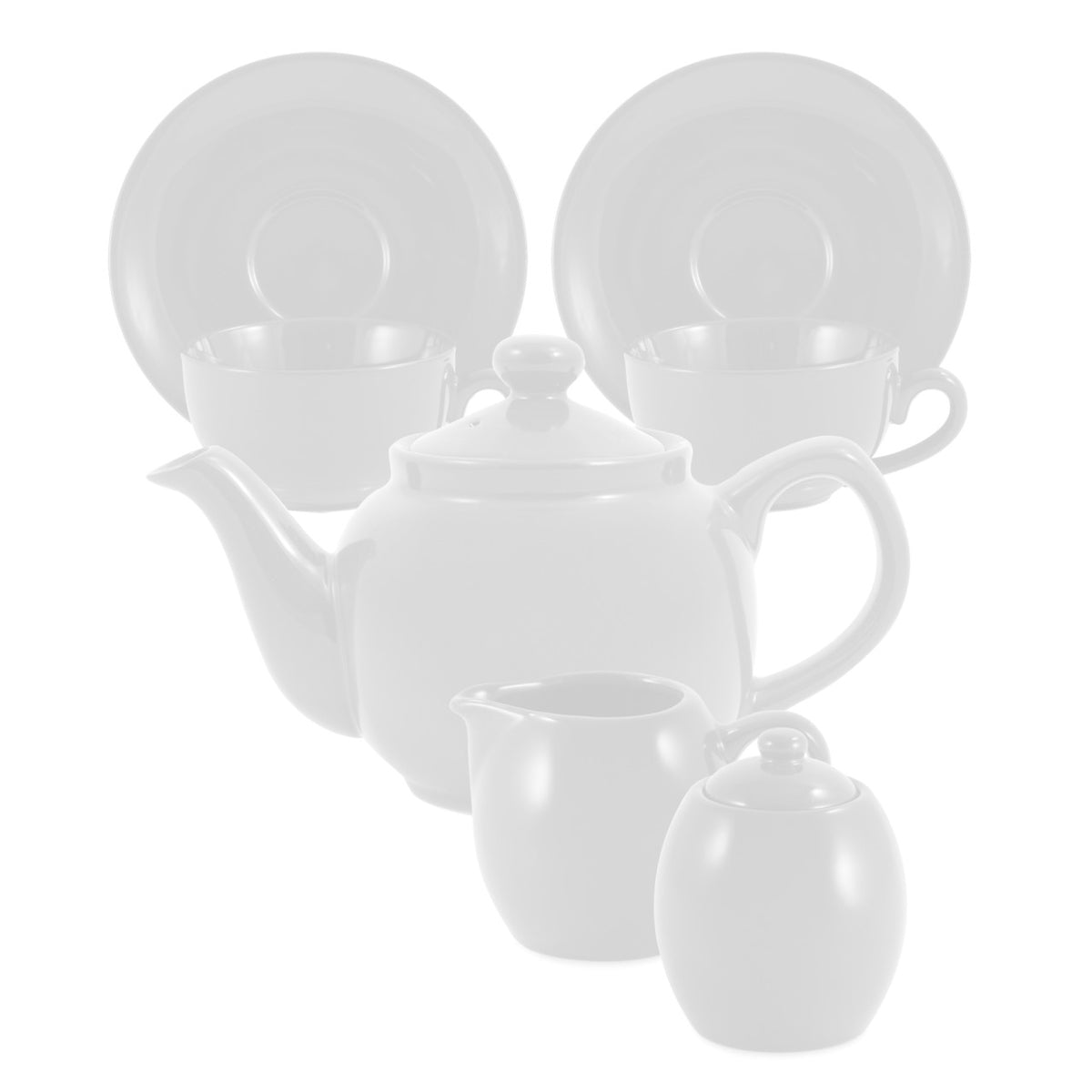 White ceramic teapot set with cups and a milk jug on a white background