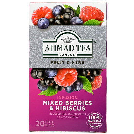 Ahmad Tea mixed berries and hibiscus tea box with fruit illustrations on a white background