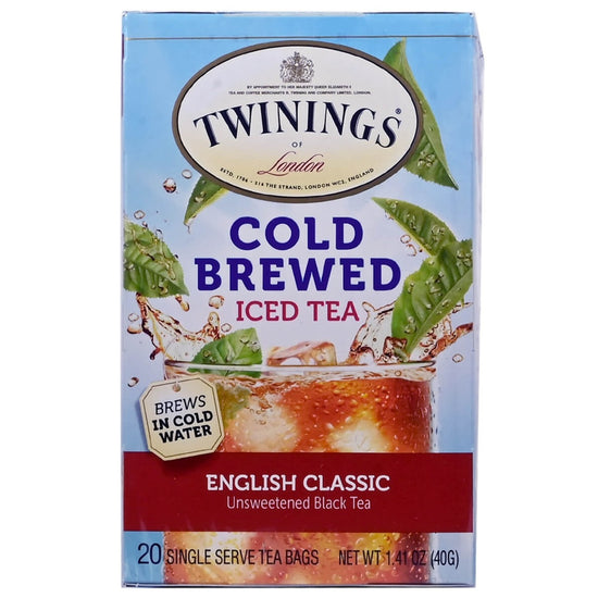 Box of Twinings Cold Brewed Iced Tea with branding and product details on a white background