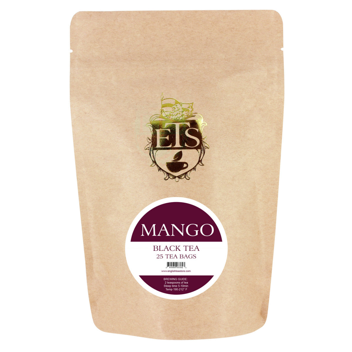 Kraft paper tea bag packaging with 'Mango Black Tea' label and ETS logo.