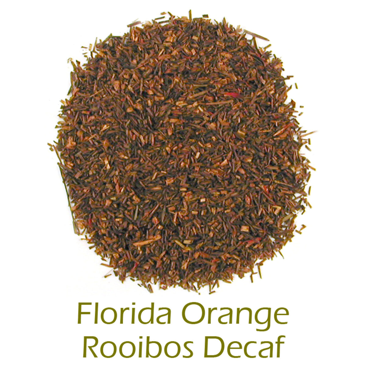 Florida Orange Roobios Decaf loose-leaf tea on a white background with product title text callout at bottom
