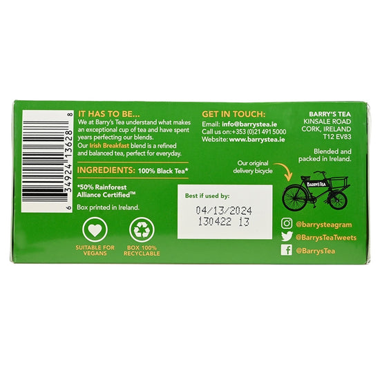 Barry's Tea packaging with contact information and product details on a green background