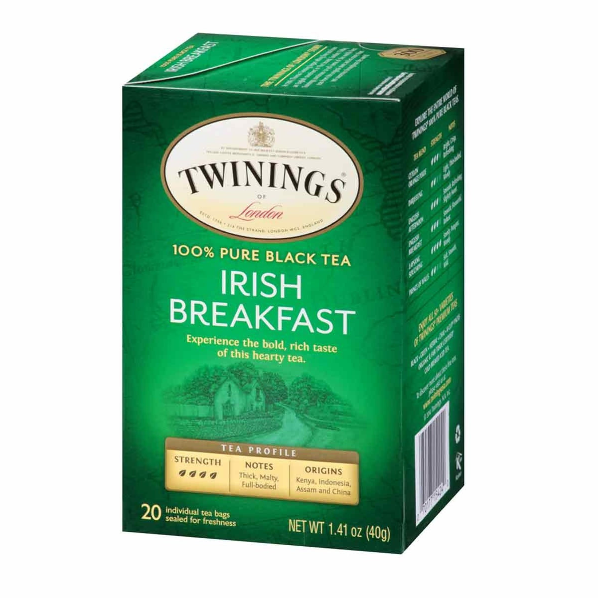 Box of Twinings Irish Breakfast black tea on a white background