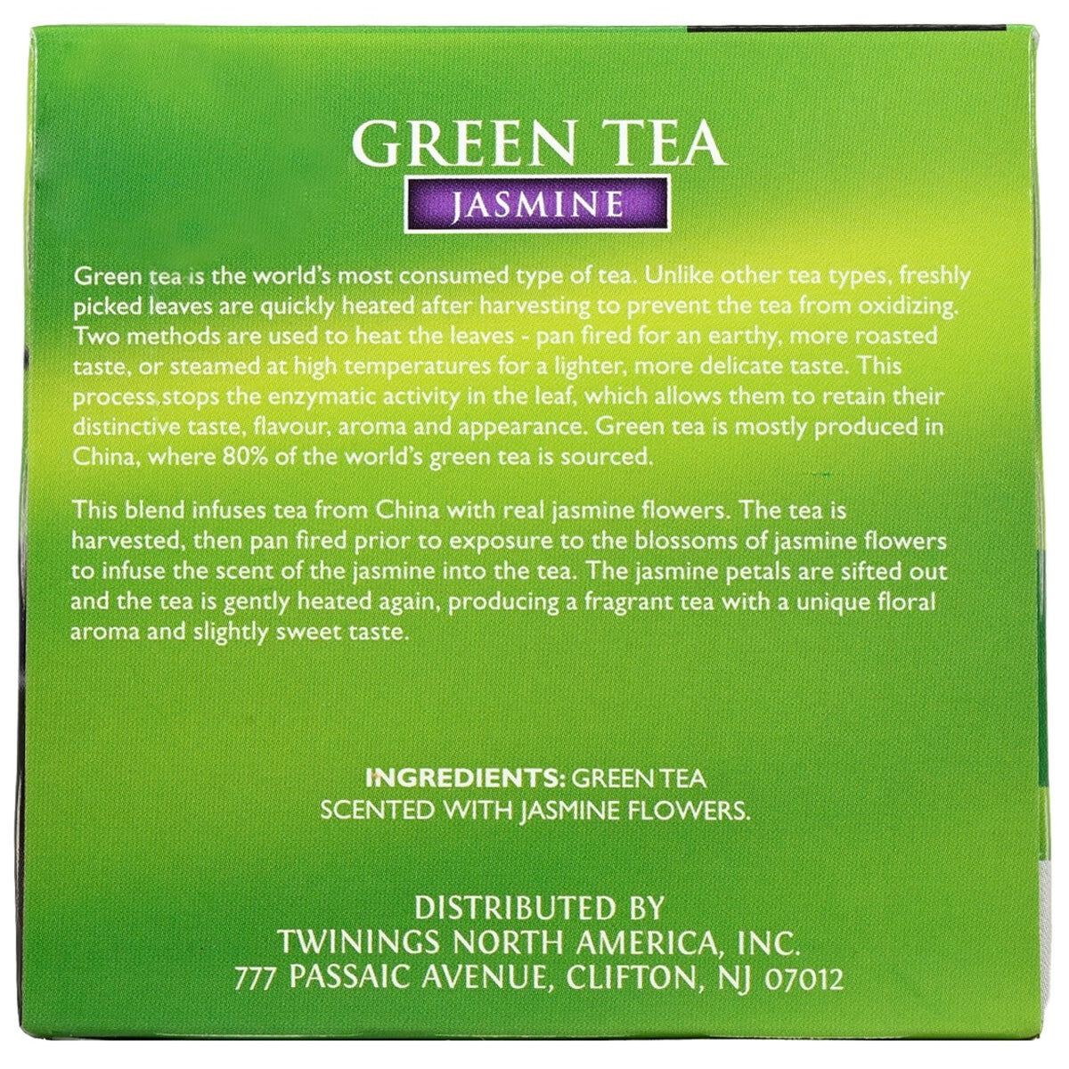 Green box of Twinings Jasmine Green Tea with product description and ingredients listed in white.