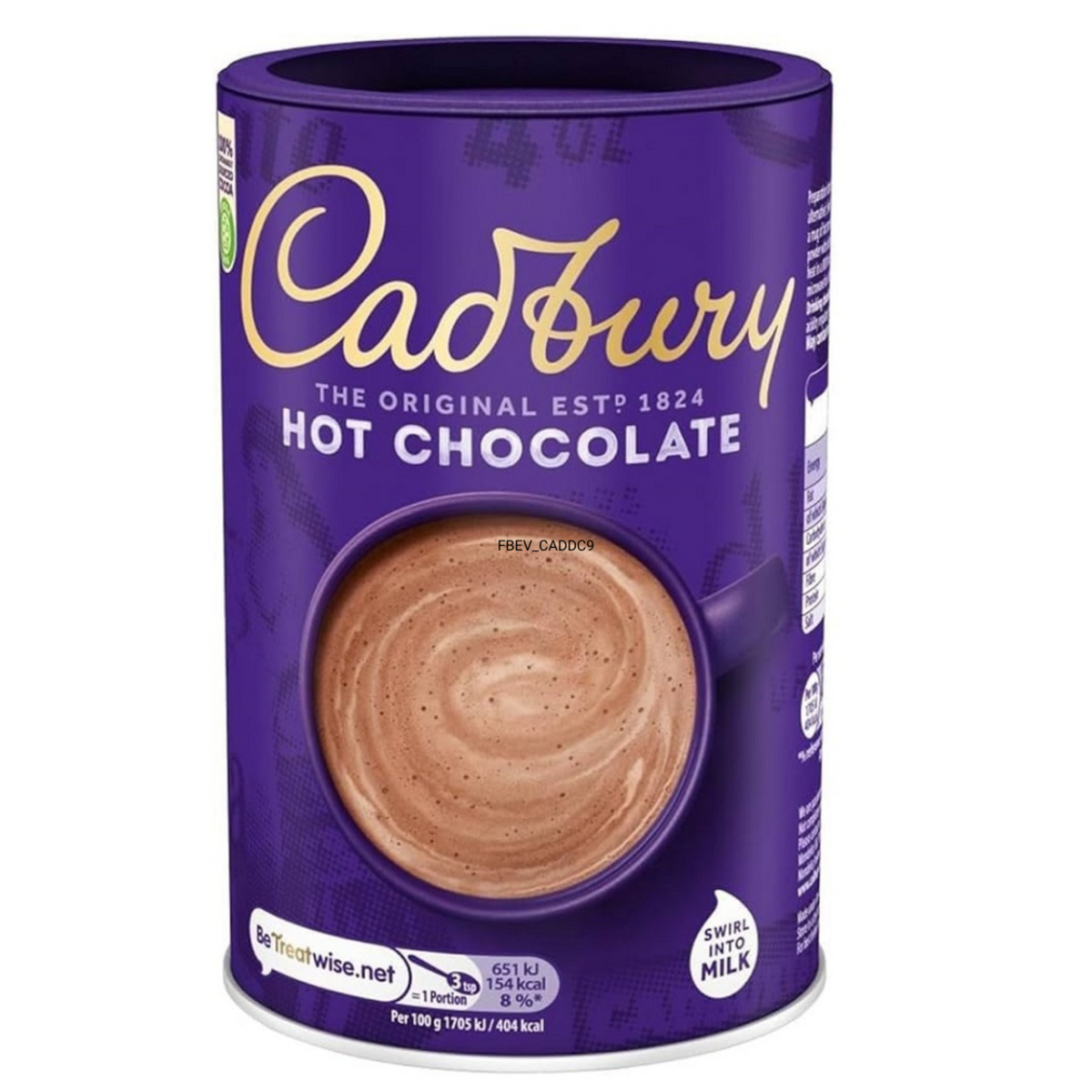 Cadbury hot chocolate canister on a white background