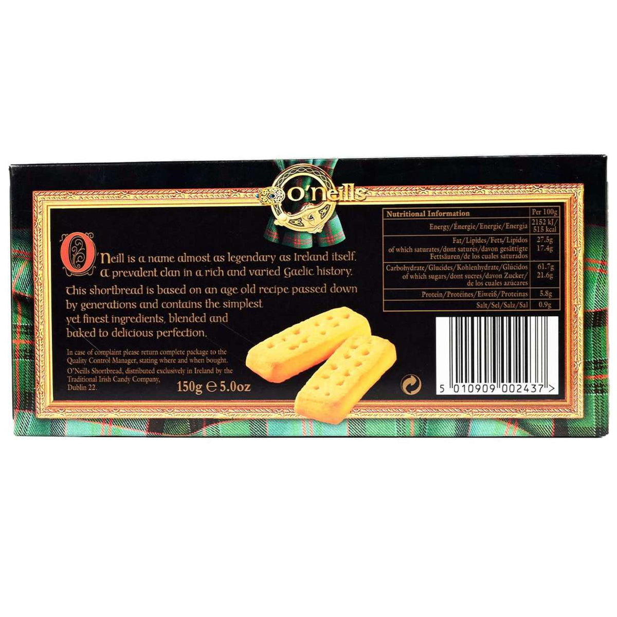 Back side of a Box of O'Neill's shortbread fingers with plaid design and gold accents featuring nutrition information.