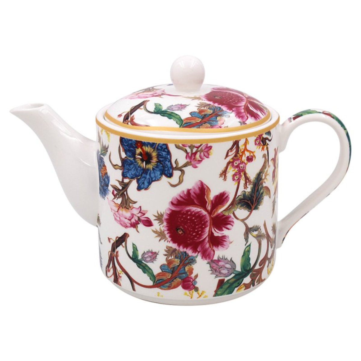 Porcelain teapot with floral design on a white background