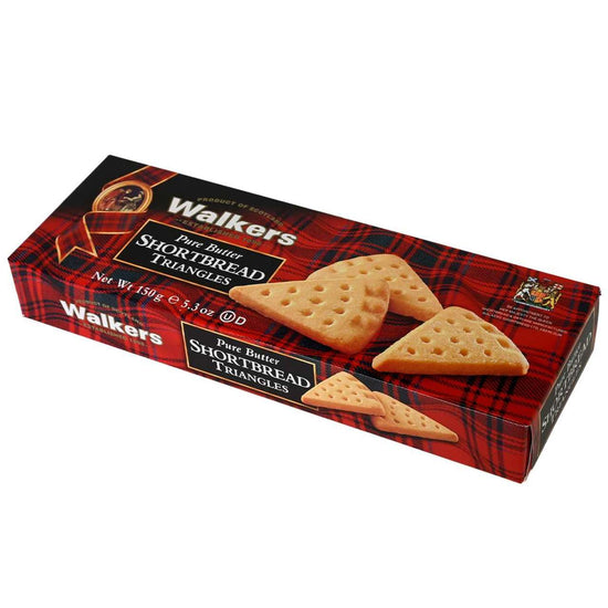 Box of Walkers Shortbread Triangles with a red plaid design on a white background