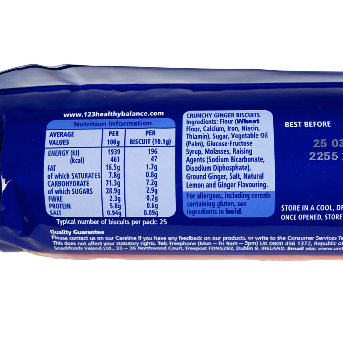 Ingredients listing on a package of Crunchy Ginger Biscuits