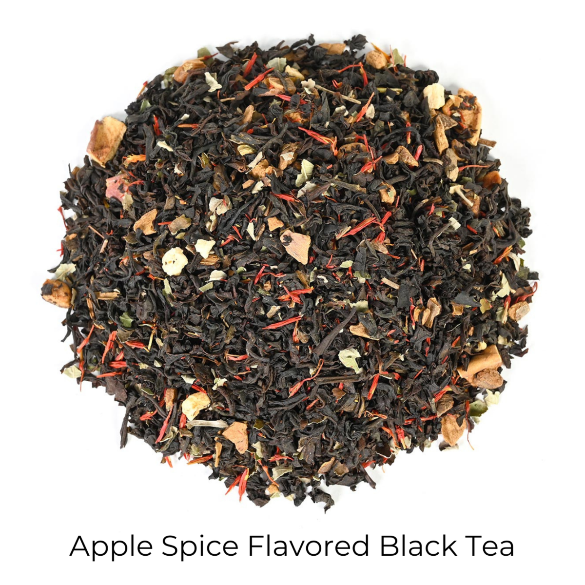 Apple Spice Flavored Black loose-leaf tea on a white background with product title text callout at bottom