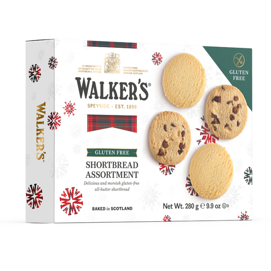 Box of Walkers gluten-free shortbread assortment on a white background