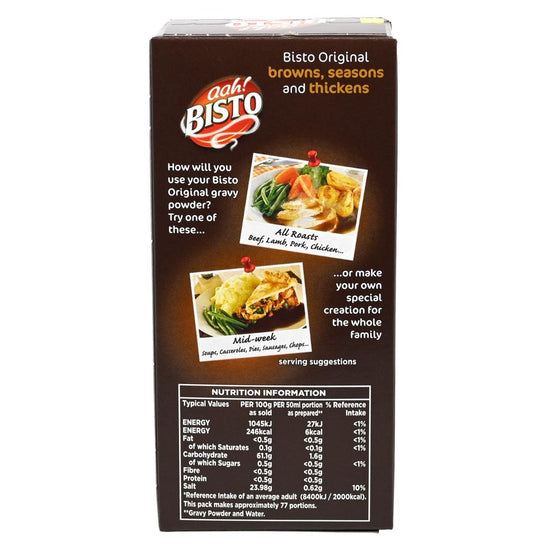 Bisto gravy powder packaging with images of meals and nutrition information on a white background
