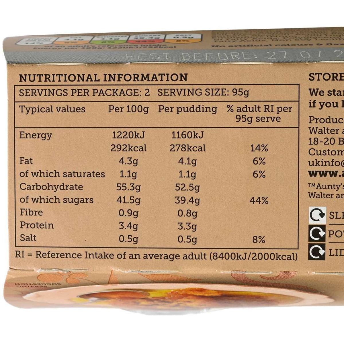 Aunites Ginger Syrup Pudding package with nutritional information label.