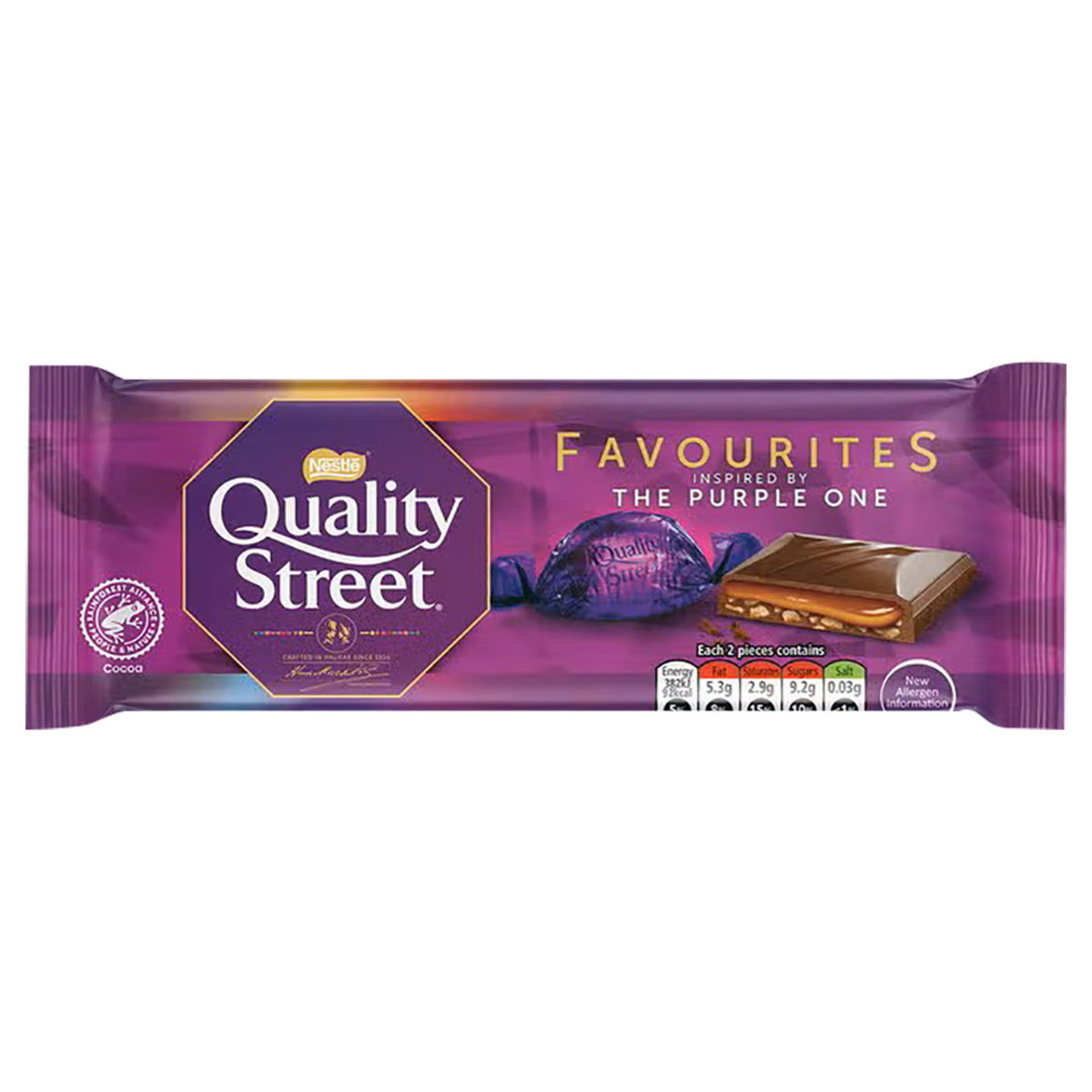 Purple packaging of Quality Street Favourites on a white background