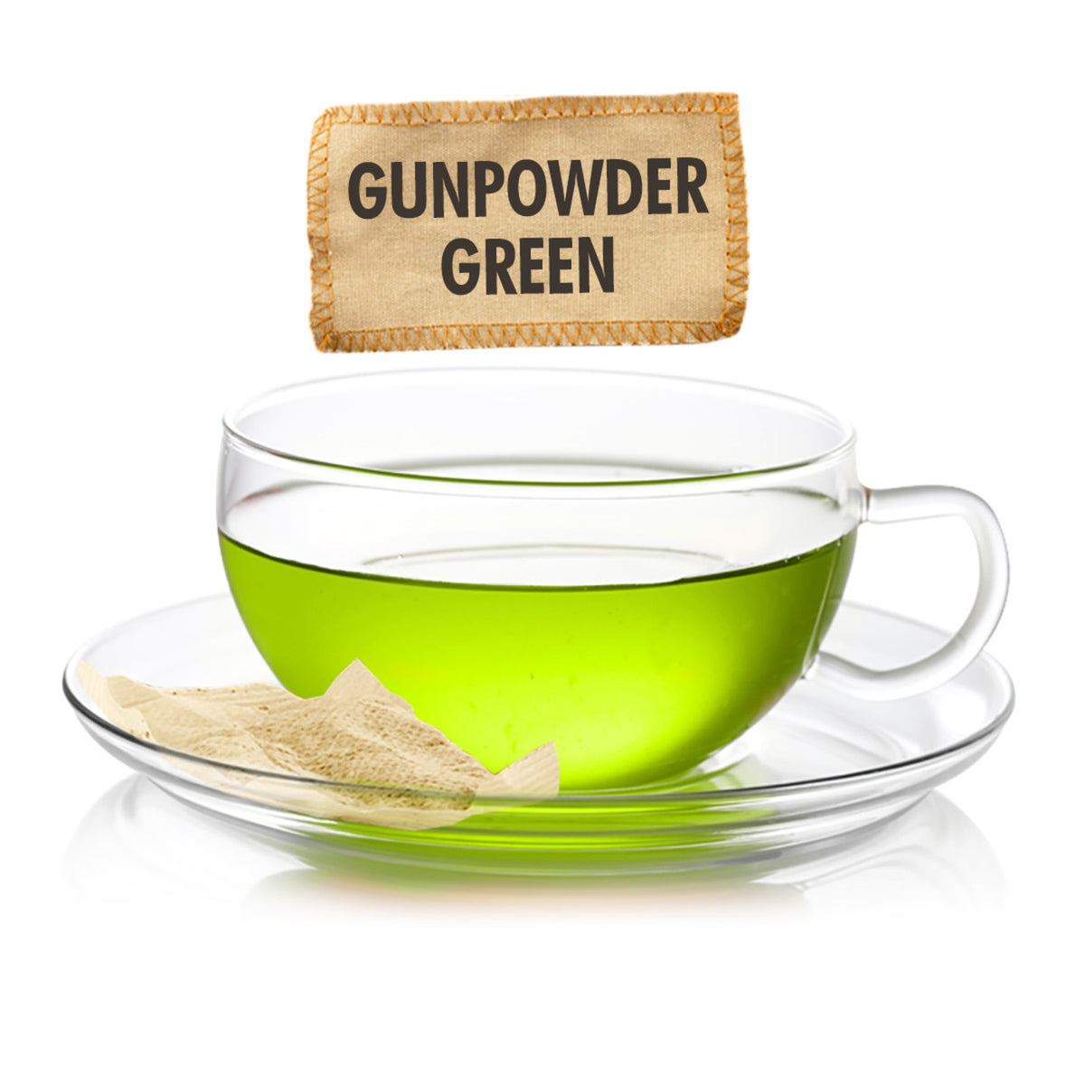 Clear glass cup with green tea and a small bag labeled 'Gunpowder Green' on a white background