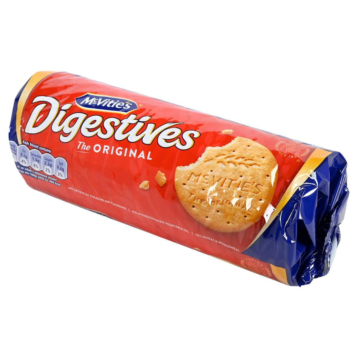 Packaged McVitie's Digestives on a white background