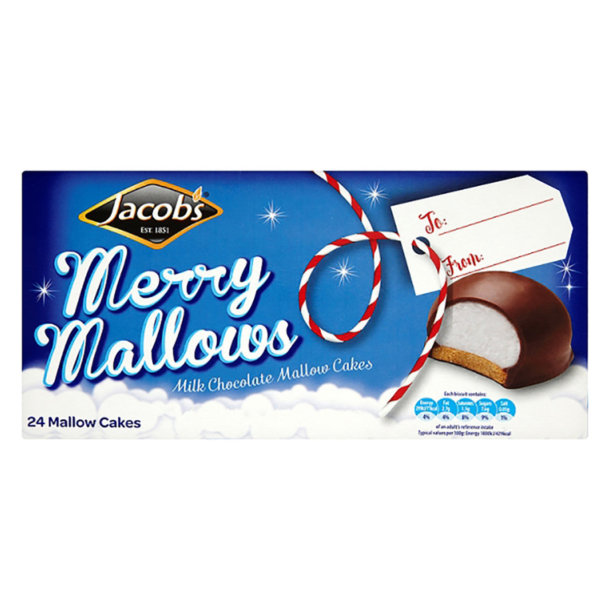 Box of Jacobs Merry Mallows with a candy cane and gift tag on a blue background