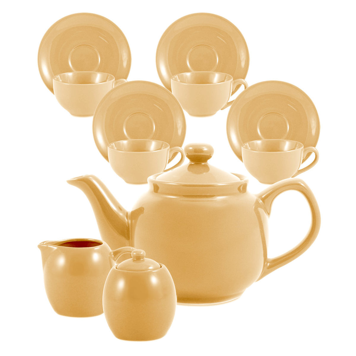 Yellow set of ceramic tea set including teapot, cups, saucers, and creamer on a white background