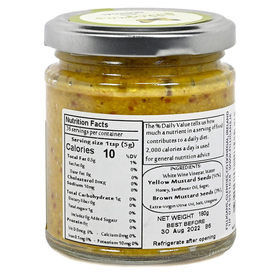 Jar of Filligan's Grainy Yellow Mustard with nutrition and ingredients