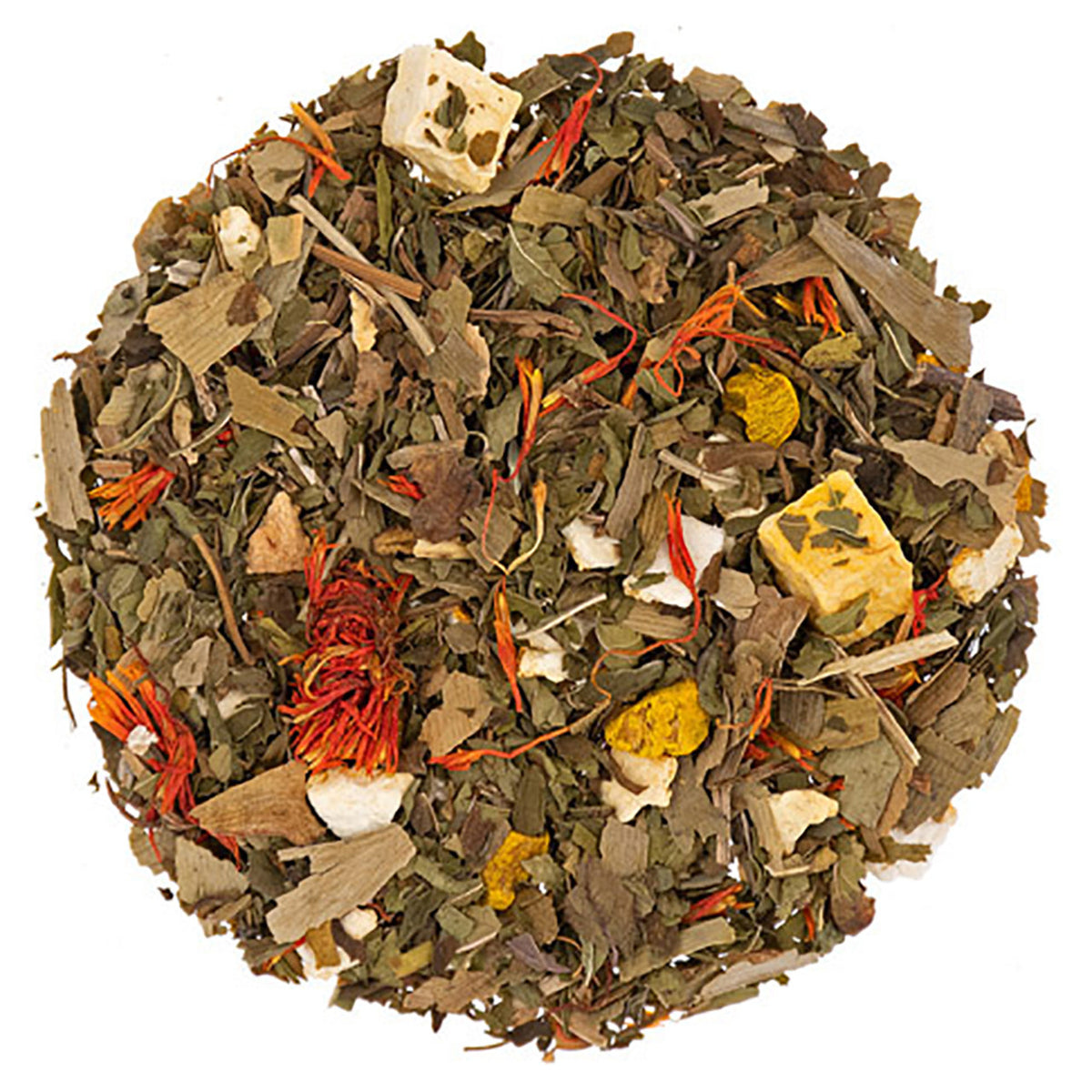 Assorted dried tea leaves and fruit pieces on a white background